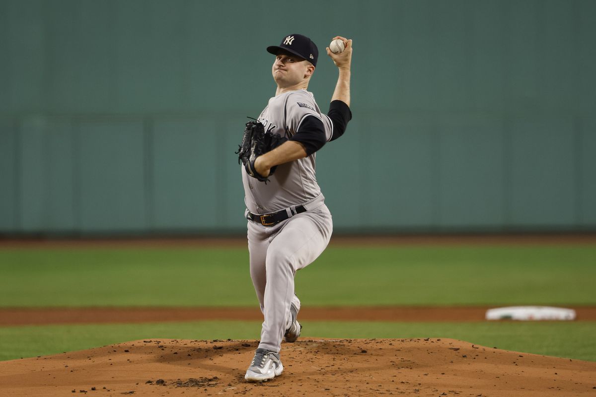 Clarke Schmidt #36 of the New York Yankees pitches against the Boston Red Sox during the first inning of game two of a doubleheader at Fenway Park on September 14, 2023 in Boston, Massachusetts.