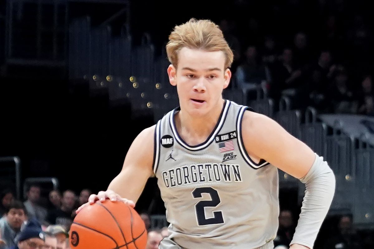 Mac McClung of the Georgetown Hoyas dribbles the ball during a college basketball game against the Georgetown Hoyas at the Capital One Arena on February 19, 2020 in Washington, DC.