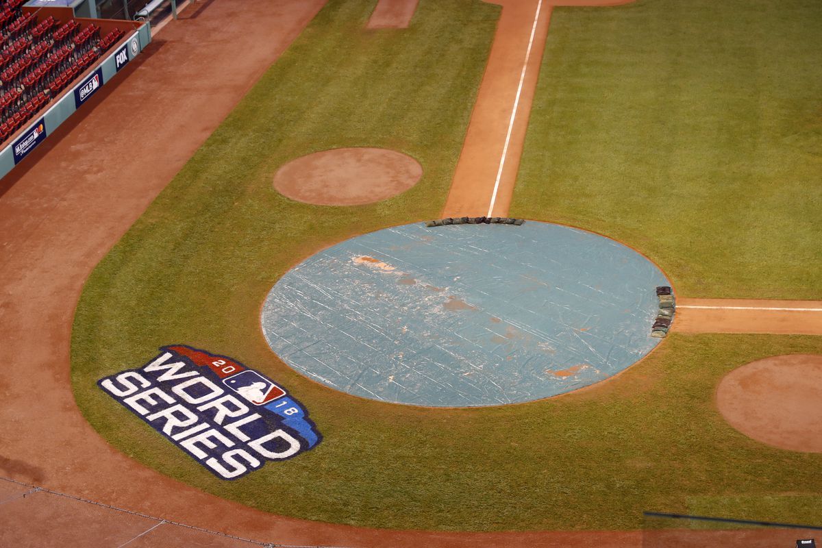 The 2018 World Series logo behind home plate before the Boston Red Sox World Series Victory Parade on October 31, 2018 through the streets of Boston, Massachusetts.