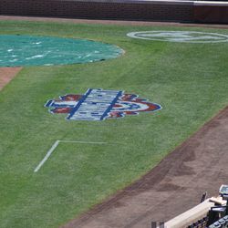 The view from Brixen Ivy Rooftop, showing the opening night logo and Ernie Banks tribute - 