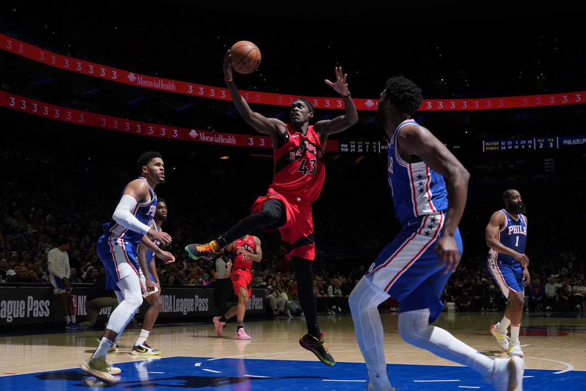 Pascal Siakam #43 of the Toronto Raptors shoots the ball against the Philadelphia 76ers during Round 1 Game 1 of the 2022 NBA Playoffs on April 16, 2022 at Wells Fargo Center in Philadelphia, Pennsylvania.