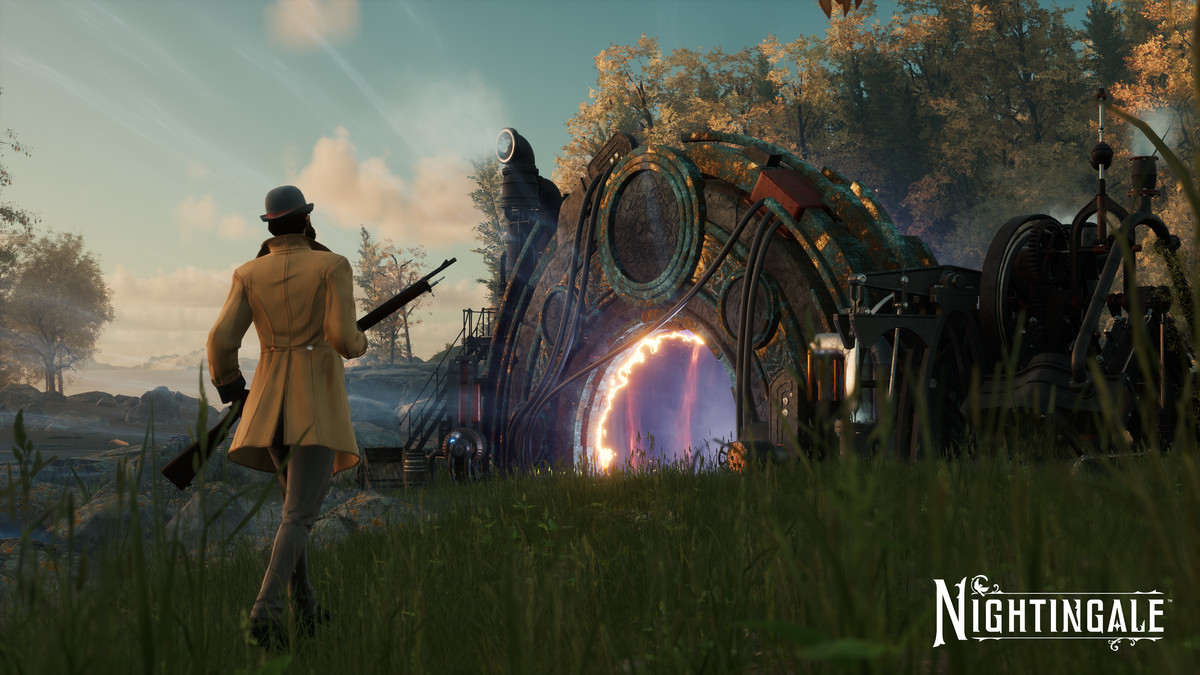 A screenshot from Nightingale, showing a character wearing a bowler, jacket, and carrying a rifle, striding toward a strange portal radiating mysterious energy