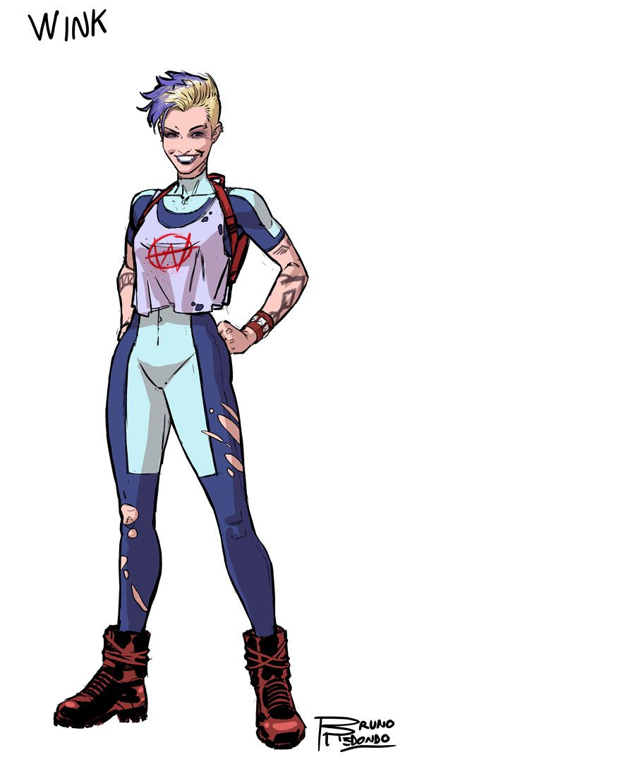 Wink wears a ripped body suit with a loose tank top over it, from DC Comics’ 2019 Suicide Squad series.