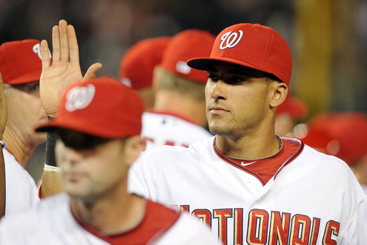 WASHINGTON - MAY 04:  Ian Desmond #6 of the Washington Nationals celebrates with teammates after a 6-3 victory against the Atlanta Braves at Nationals Park on May 4, 2010 in Washington, DC.  (Photo by Greg Fiume/Getty Images)