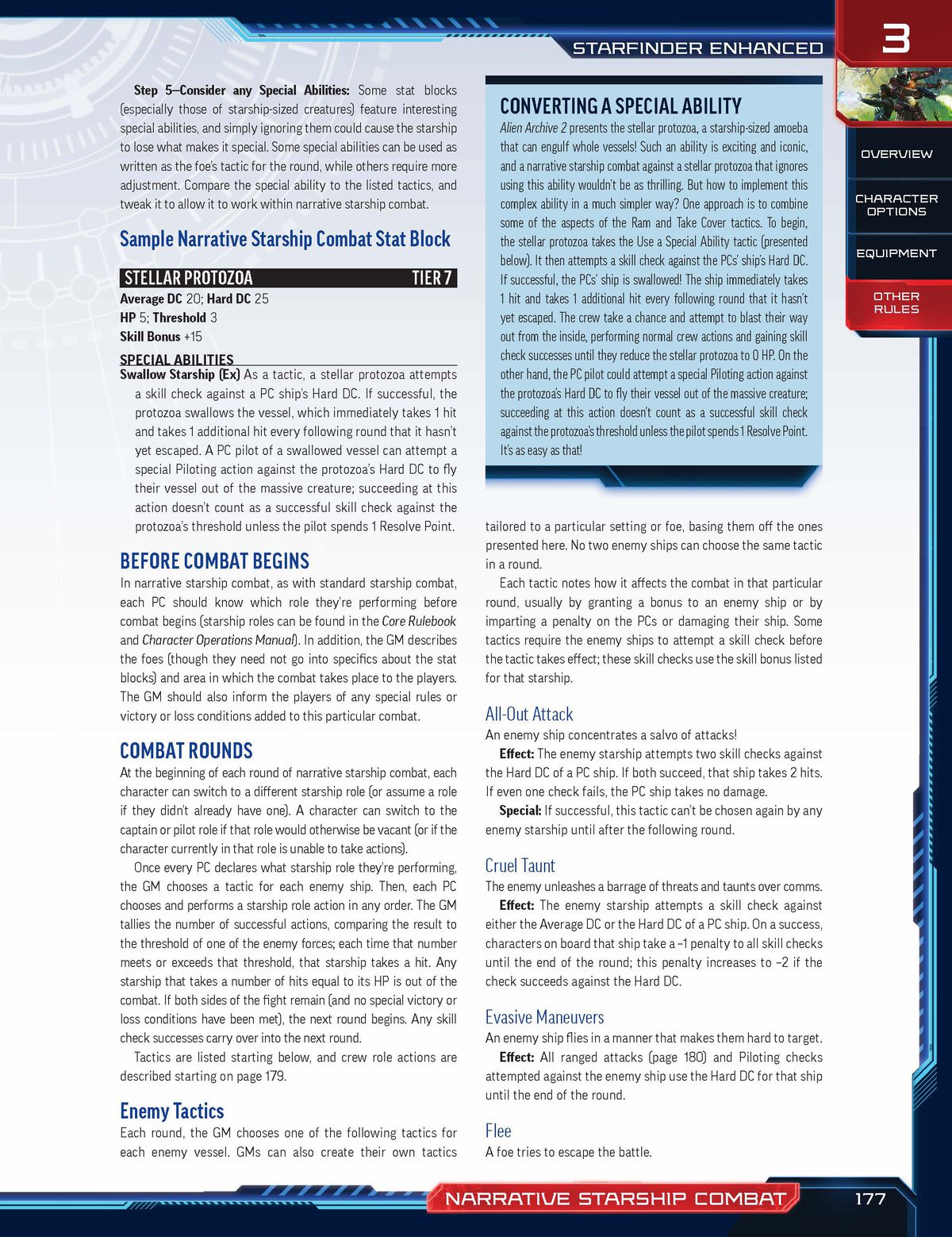 The second page on Narrative Starship Combat from Starfinder enhanced. It includes rules for converting special abilities.