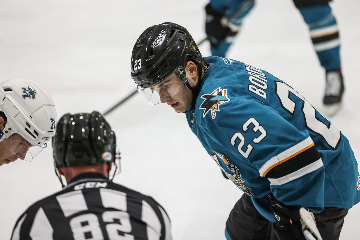 SAN JOSE, CA - APRIL 15: against the Bakersfield Condors at Sharks Ice on April 15, 2022 in San Jose, California. (Photo by Aubrey Tibbils)