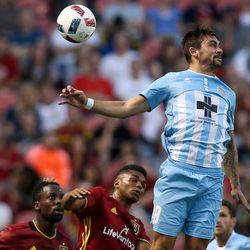 Wilmington midfielder Jeff Michaud (19) leaps for a header during a U.S. Open Cup game at Rio Tinto Stadium in Sandy on Tuesday, June 14, 2016.