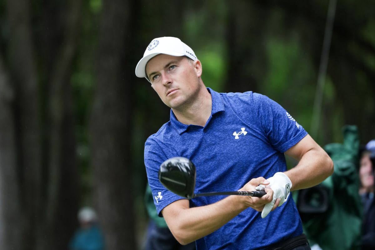 Jordan Spieth watches his shot from the second tee during the first round of the RBC Heritage golf tournament.