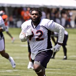 Broncos DE Zach Kerr puts in extra work after practice concludes on day one of training camp.