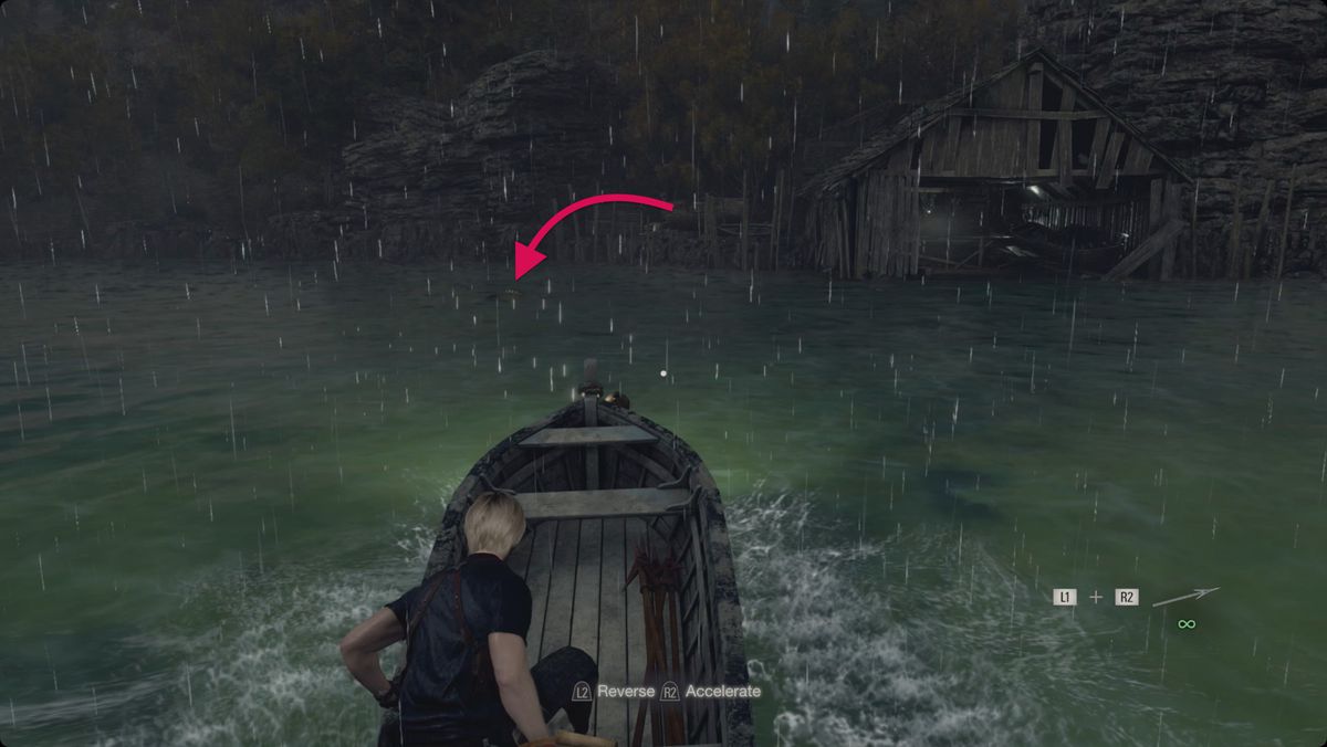 Resident Evil 4&nbsp;remake&nbsp;Leon boating toward the Boat House with an arrow pointing to a Lunker Bass.