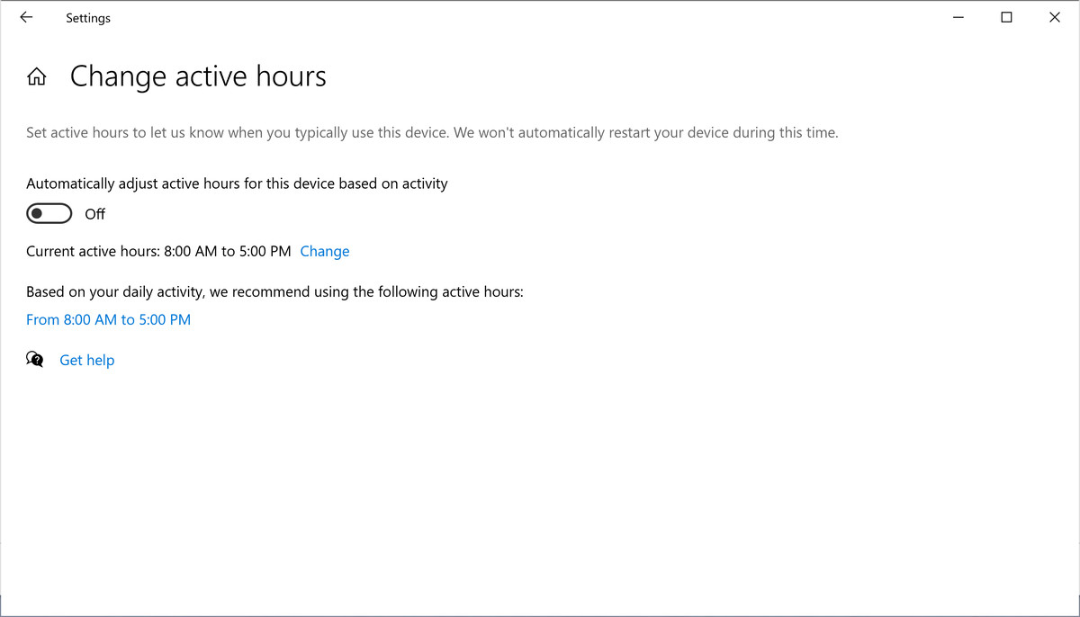 You can have Windows set the active hours based on your activity, or you can set them yourself.
