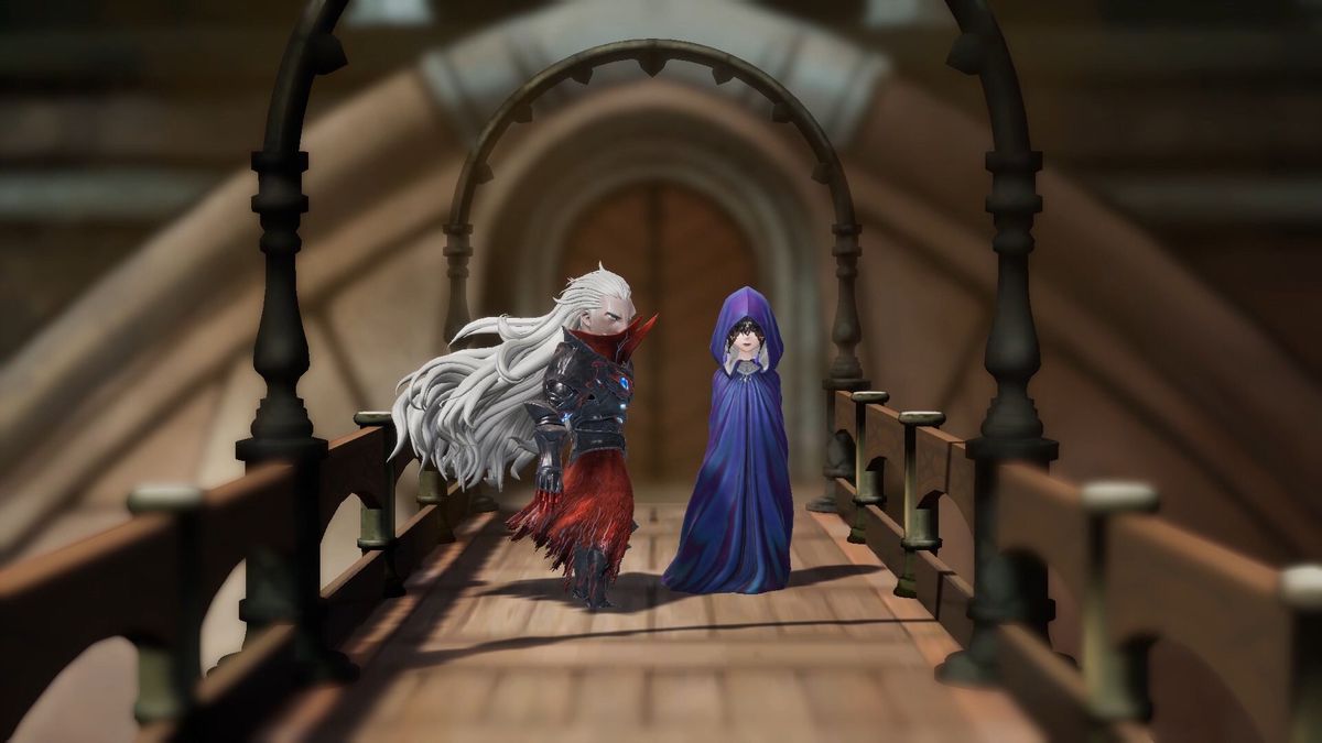 Two characters with dramatic hair and robes talk on a bridge