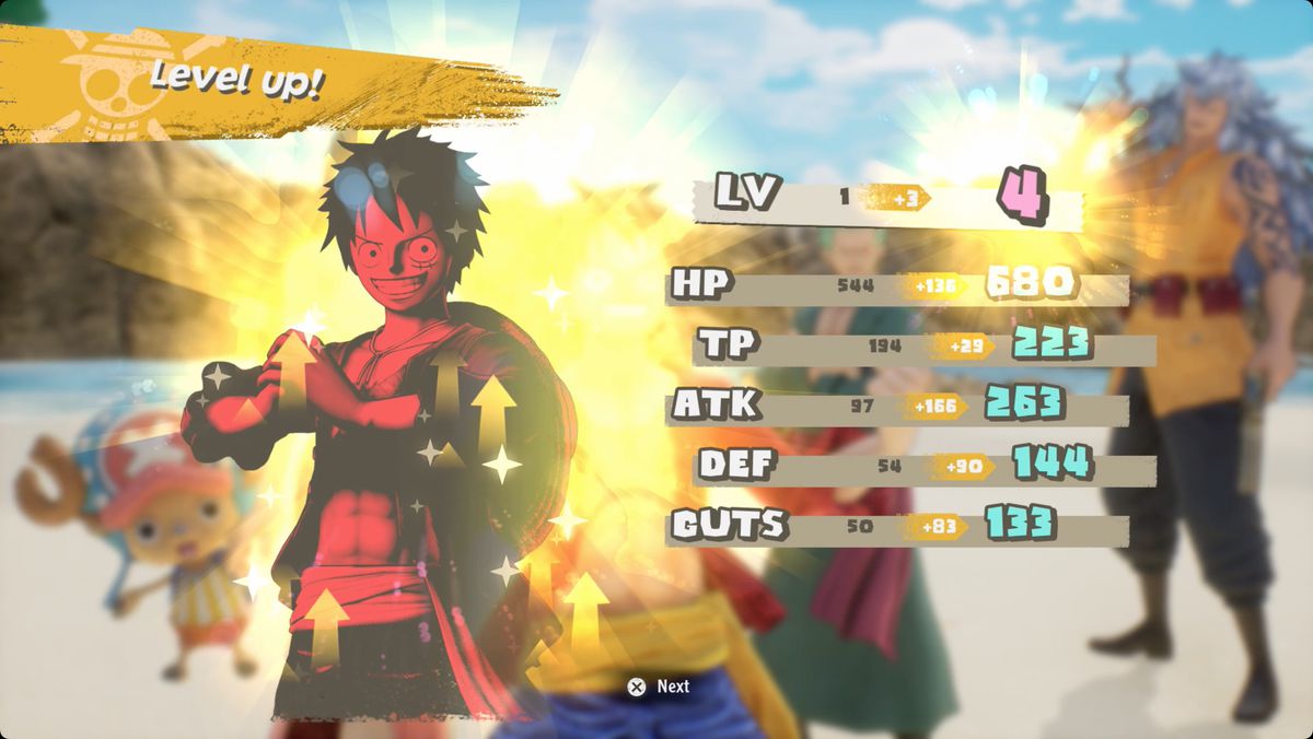 One Piece Odyssey leveling up after a battle.