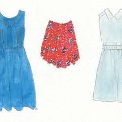 Vanessa Bruno athé blue cotton dress, $285; Carven red printed cotton-voile skirt, $319; Carven sky blue Oxford dress, $419