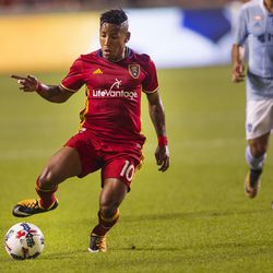 Real Salt Lake's Forward Joao Plata takes the ball to the goal during the Real Salt Lake vs Sporting Kansas City game at Rio Tinto Stadium in Sandy on Saturday, July 22, 2017.