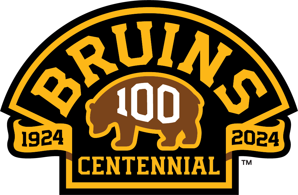 Bruins centennial logo with a brown bear with “100” on it in white letters, arched “Bruins” text, and the years 1924 and 2024 on either side of the bear. The word “centennial” is at the bottom.