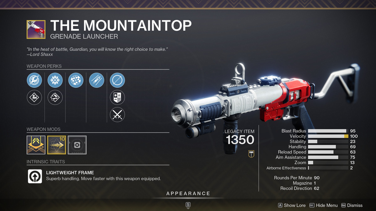 The Mountaintop, a weapon that hasn’t caught up with Destiny 2’s current content