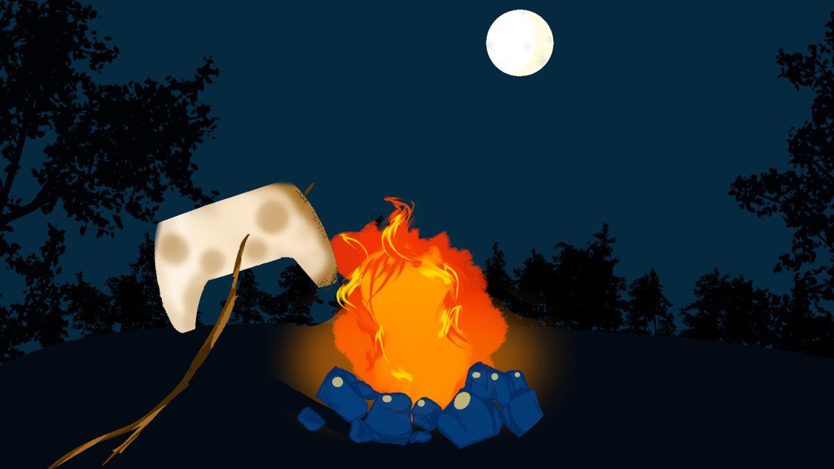 Illustration - a controller shaped marshmellow is being roasted over an open fire in the forest.