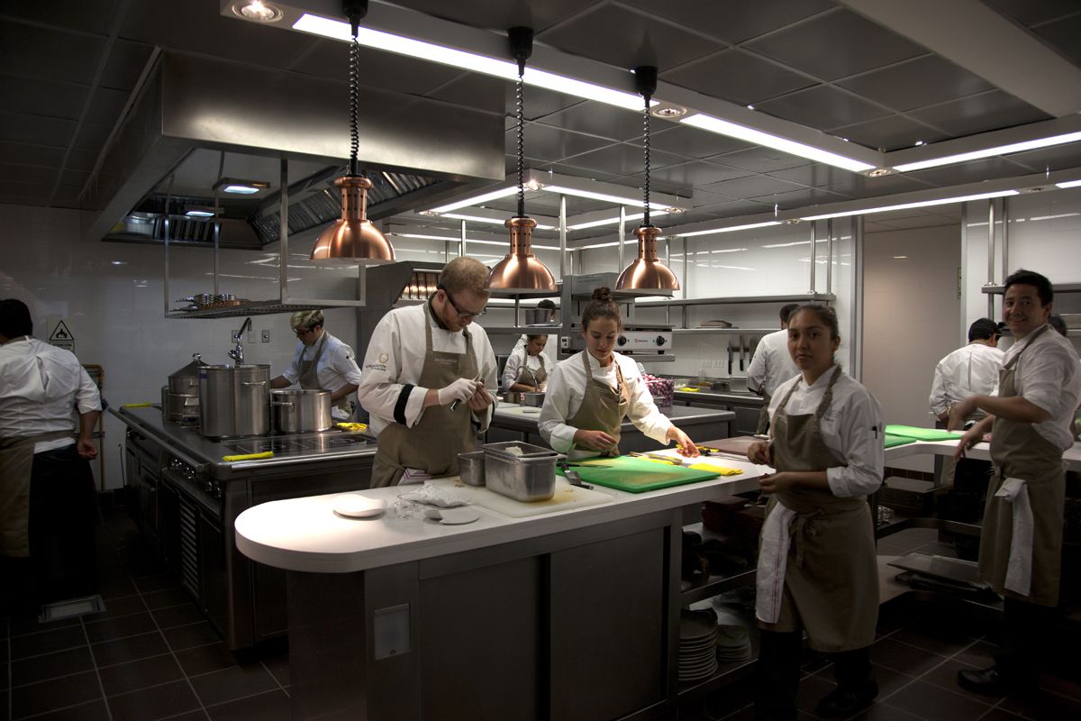 Chefs work in the kitchen at a central island and at stations along the back walls of the restaurant kitchen
