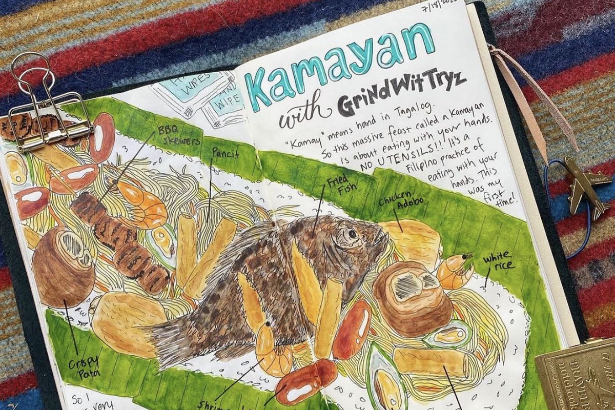 A hand-drawn diary entry about Grindwittryz’s kamayan dinner by Rebecca Nguyen.