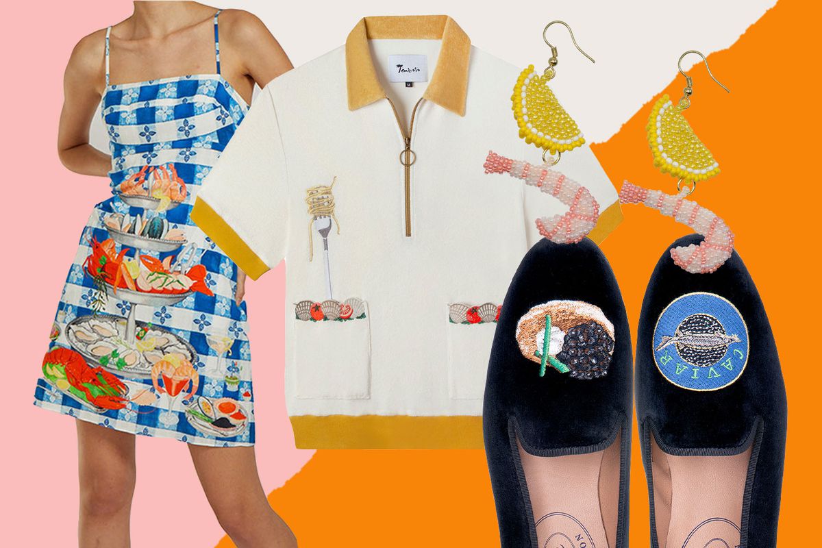 A collage with a person in a seafood tower dress, a shirt with a kitschy spaghetti vongole theme, beaded shrimp and lemon earrings, and velvet slippers with a caviar motif