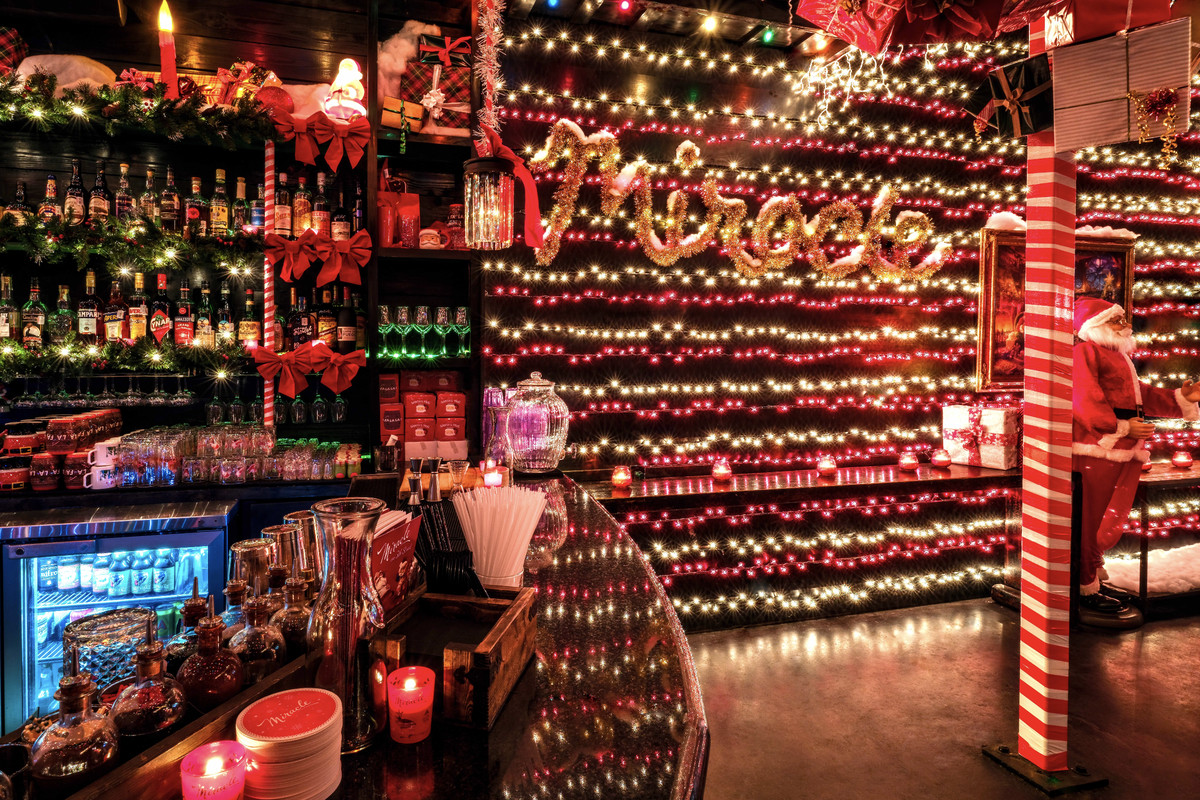 A holiday-lit bar.