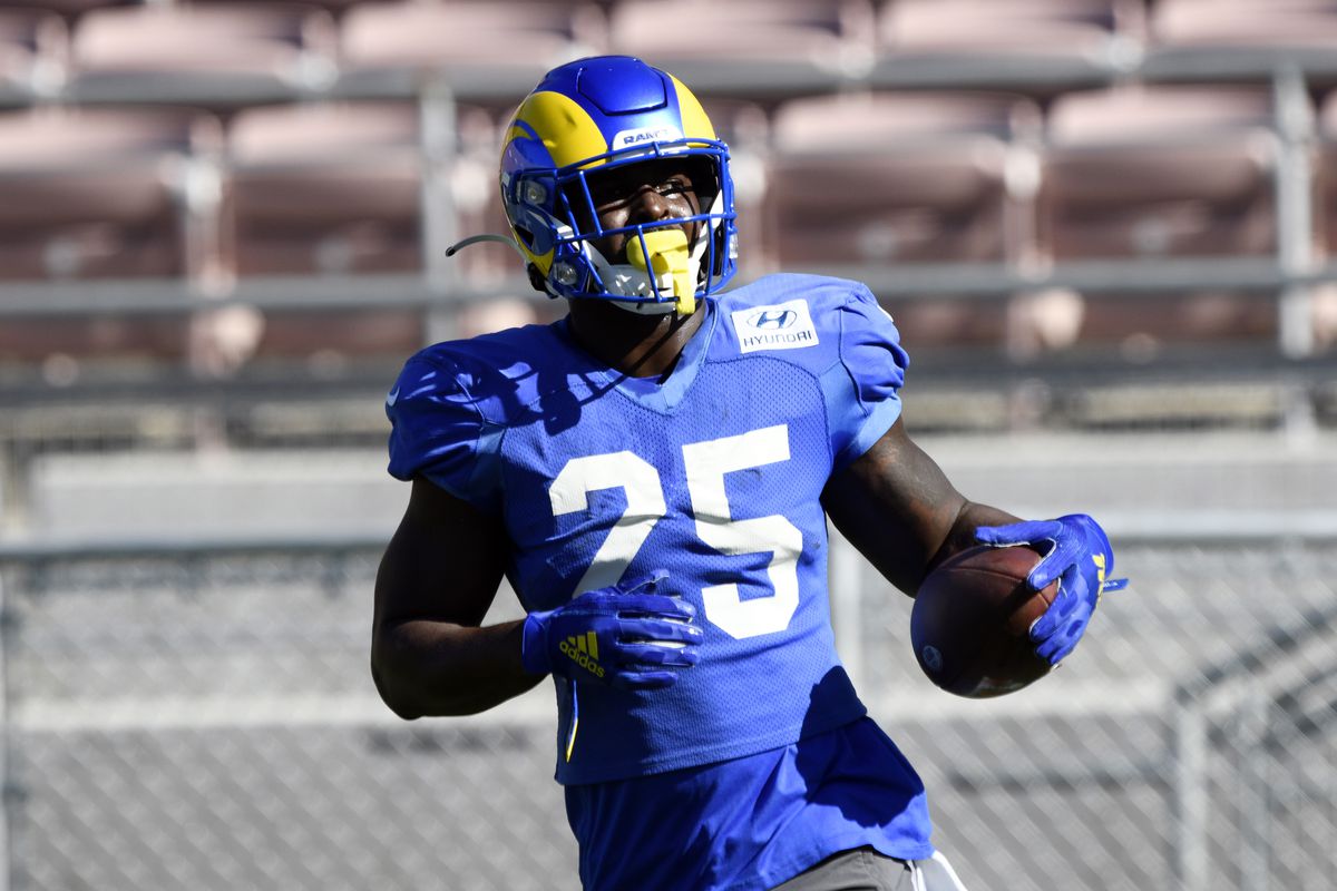 Running back Sony Michel #25 of the Los Angeles Rams practices in preparation for Super Bowl LVI at the Rose Bowl on February 10, 2022 in Pasadena, California. The Rams play the Cincinnati Bengals on Sunday.