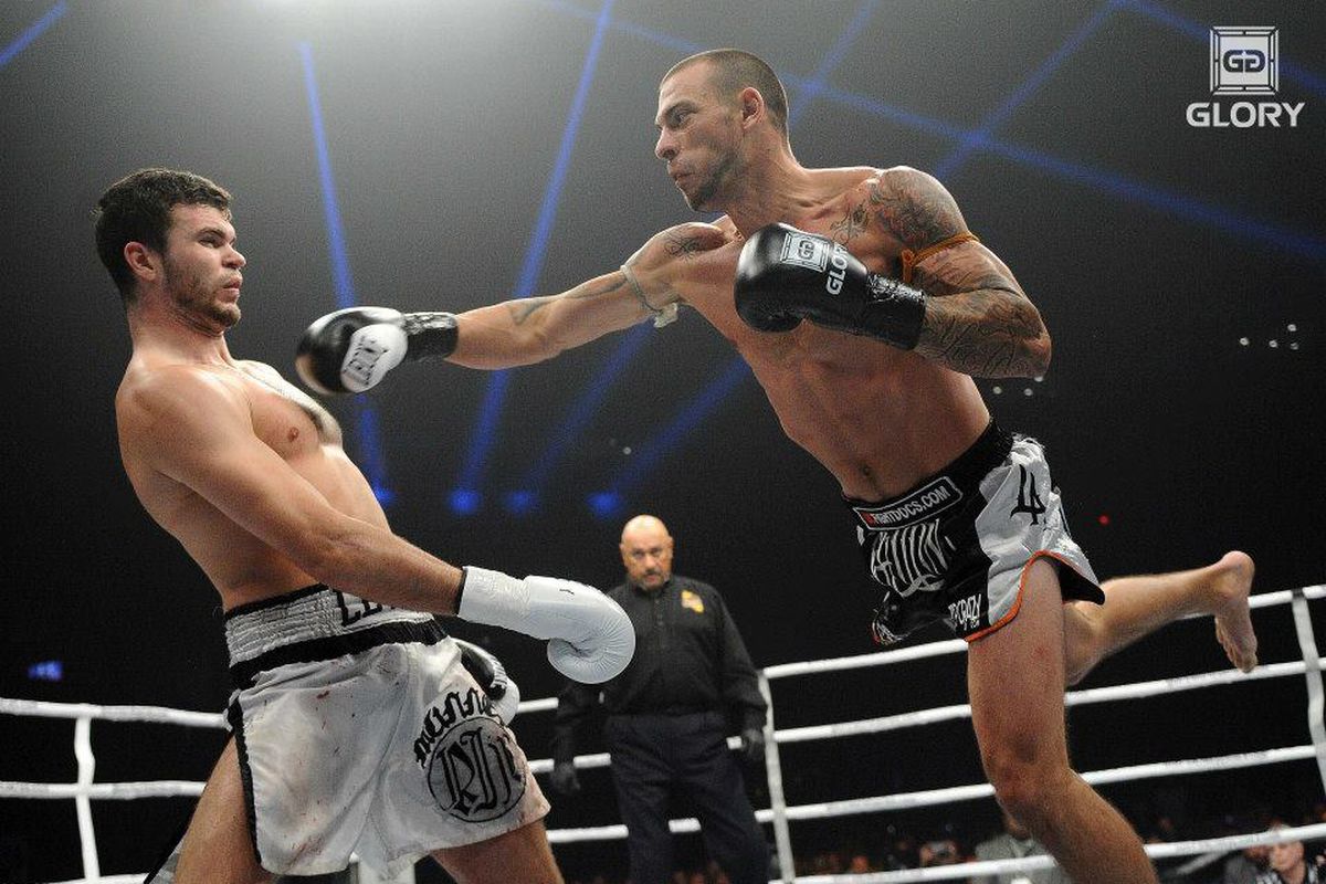 Joe Schilling in mid-air action against Artem Levin back at GLORY 10