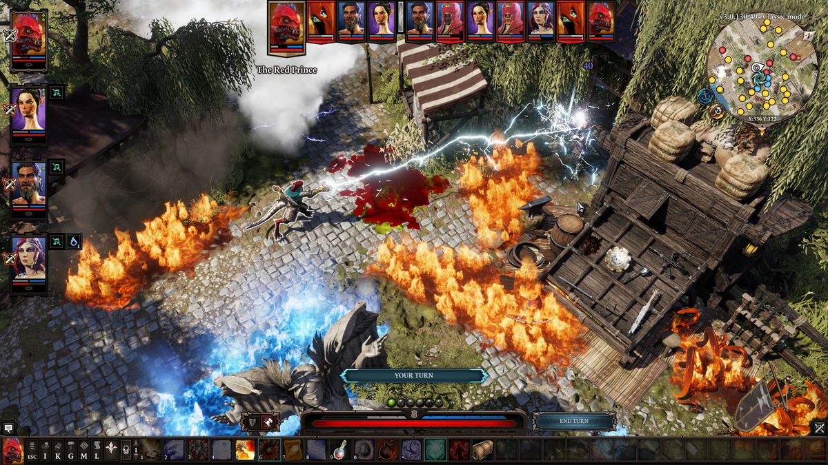 Top-down view of a Divinity Original Sin 2 character firing electricity.  The outdoor area was engulfed in flames.