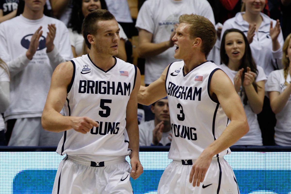Tyler Haws and Kyle Collinsworth celebrate.