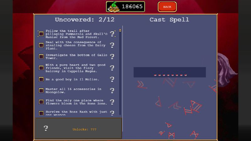 The Secrets menu in Vampire Survivors, which lists hidden secrets and “spell” cheat codes