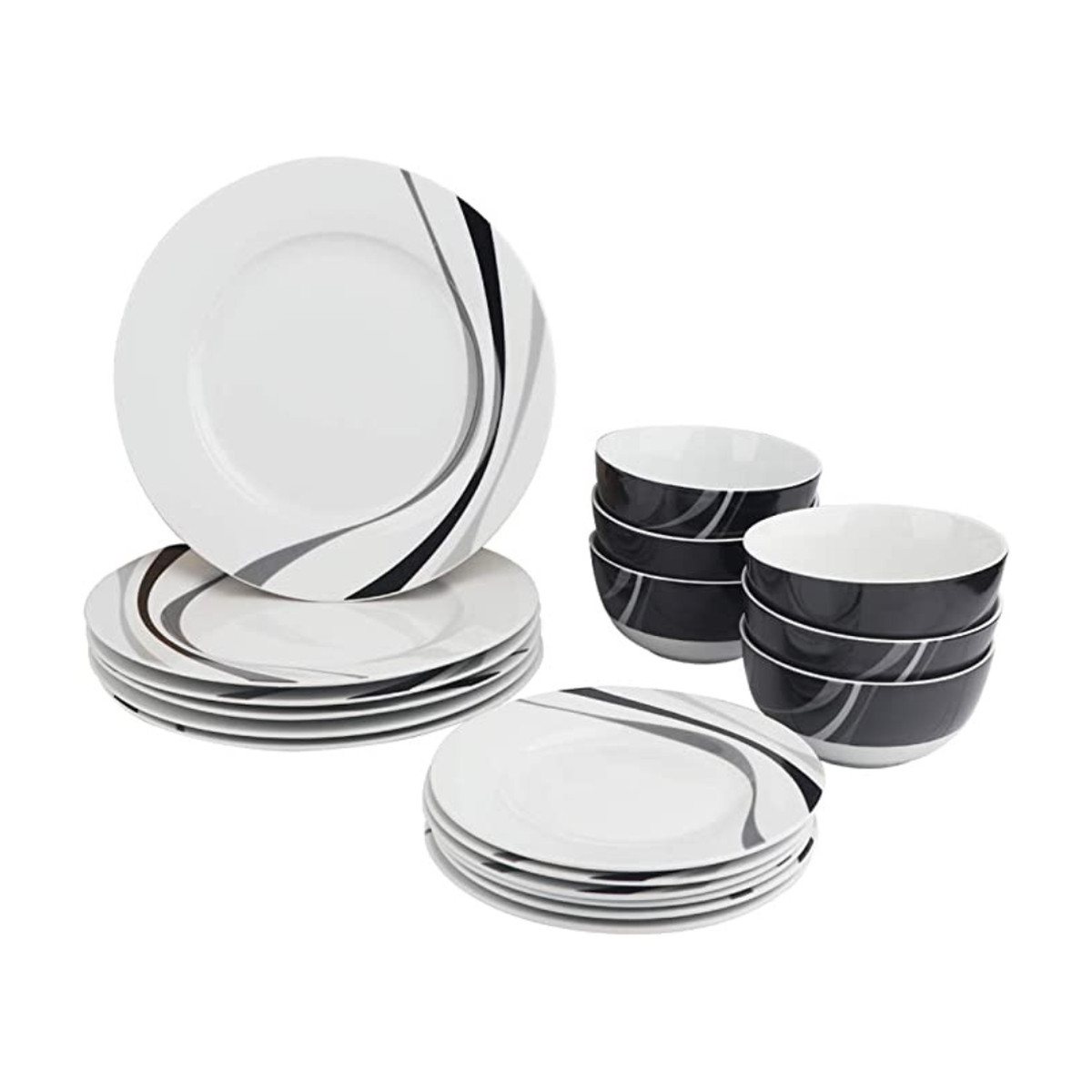 Dinnerware set by Amazon Basics in a swirled gray and white pattern.