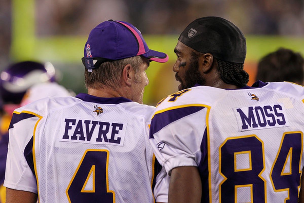 Brett Favre fished what he wanted with Randy Moss.  (Photo by Jim McIsaac/Getty Images)