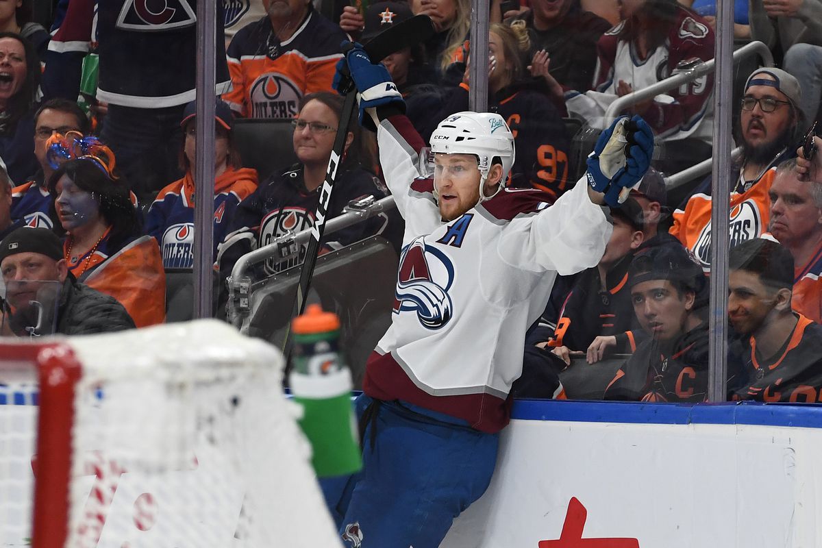 Nathan MacKinnon #29 of the Colorado Avalanche reacts after scoring a goal against the Edmonton Oilers during the third period in Game Four of the Western Conference Final of the 2022 Stanley Cup Playoffs at Rogers Place on June 06, 2022 in Edmonton, Alberta.
