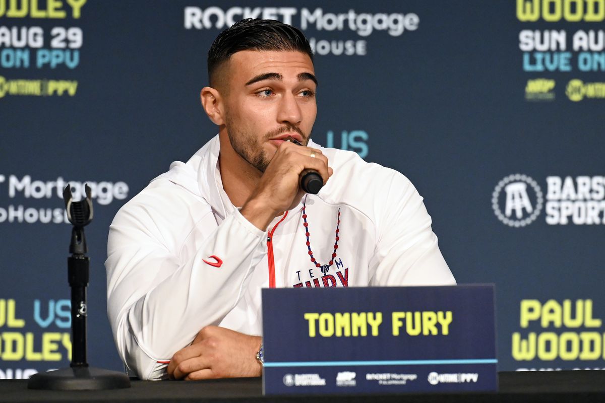 Tommy Fury during the Jake Paul vs. Tyron Woodley press conference in August. 