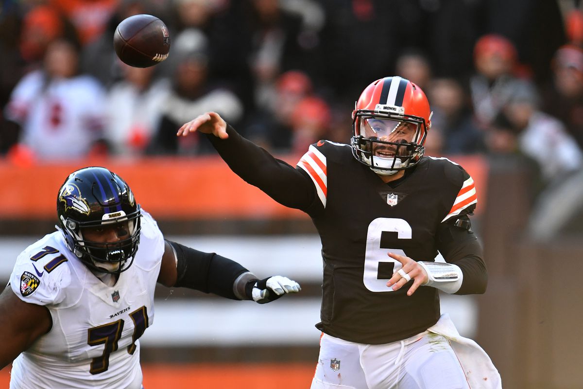 Baker Mayfield #6 of the Cleveland Browns throws an incomplete pass against the Baltimore Ravens during the second half at FirstEnergy Stadium on December 12, 2021 in Cleveland, Ohio.