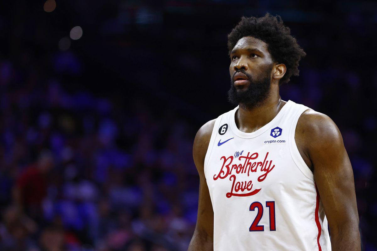 Joel Embiid of the Philadelphia 76ers in action against the Miami Heat during a game at Wells Fargo Center on April 6, 2023 in Philadelphia, Pennsylvania. The Heat defeated the 76ers 129-101.