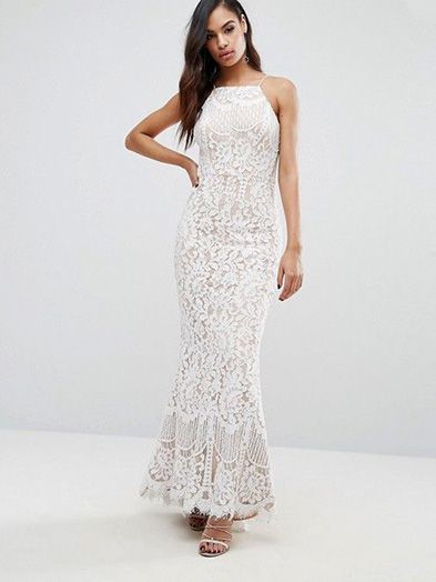 Model in Cami-style all over lace wedding dress.