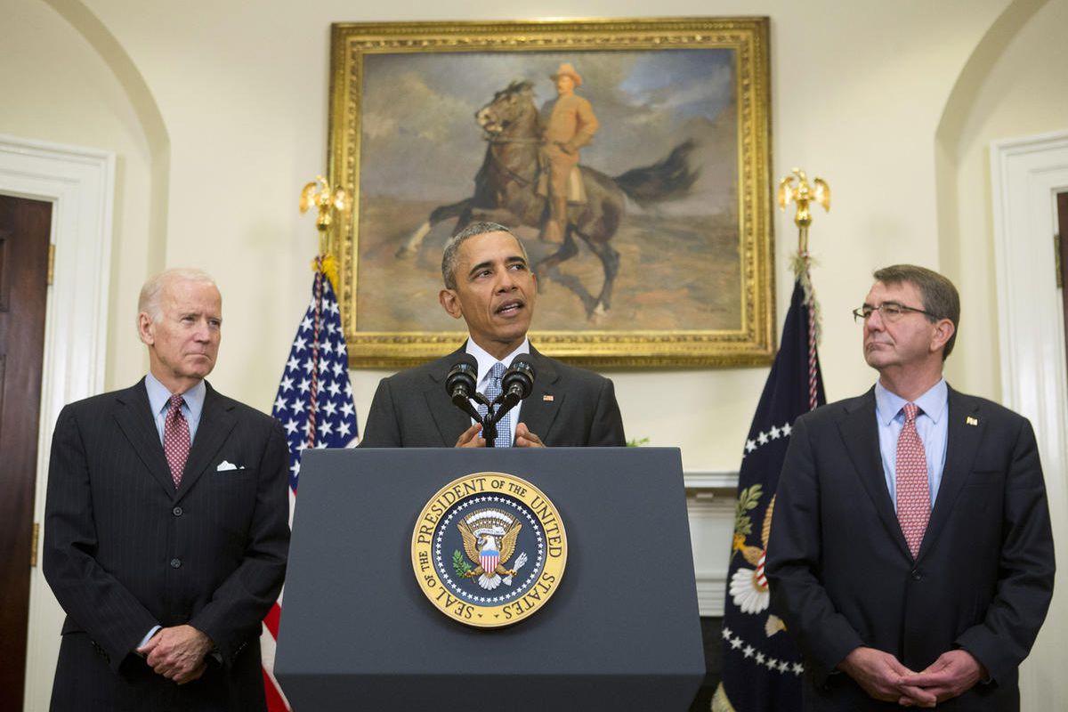 President Barack Obama, accompanied by Vice President Joe Biden and Defense Secretary Ash Carter, speaks in the Roosevelt Room of the White House in Washington, Tuesday, Feb. 23, 2016, to  discuss the detention center at Guantanamo Bay, Cuba. The Obama ad