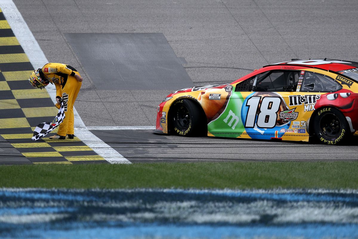 &nbsp;Kyle Busch, driver of the #18 M&amp;M’s Mix Toyota, takes a bow after winning the NASCAR Cup Series Buschy McBusch Race 400 at Kansas Speedway on May 02, 2021 in Kansas City, Kansas.
