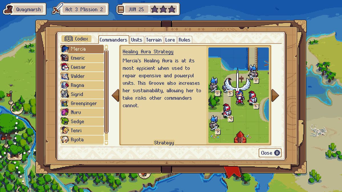 An info screen showing how to use special abilities in Wargroove