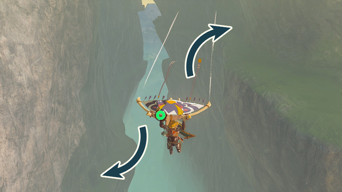 The Legend of Zelda: Tears of the Kingdom Link paragliding between the Dueling Peaks with arrows indicating the entrances to Dueling Peaks North Cave and Dueling Peak South Cave.