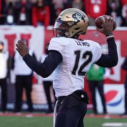 Colorado quarterback Brendon Lewis (12) throws the ball against Utah in an NCAA football game at Rice-Eccles Stadium in Salt Lake City on Friday, Nov. 26, 2021.