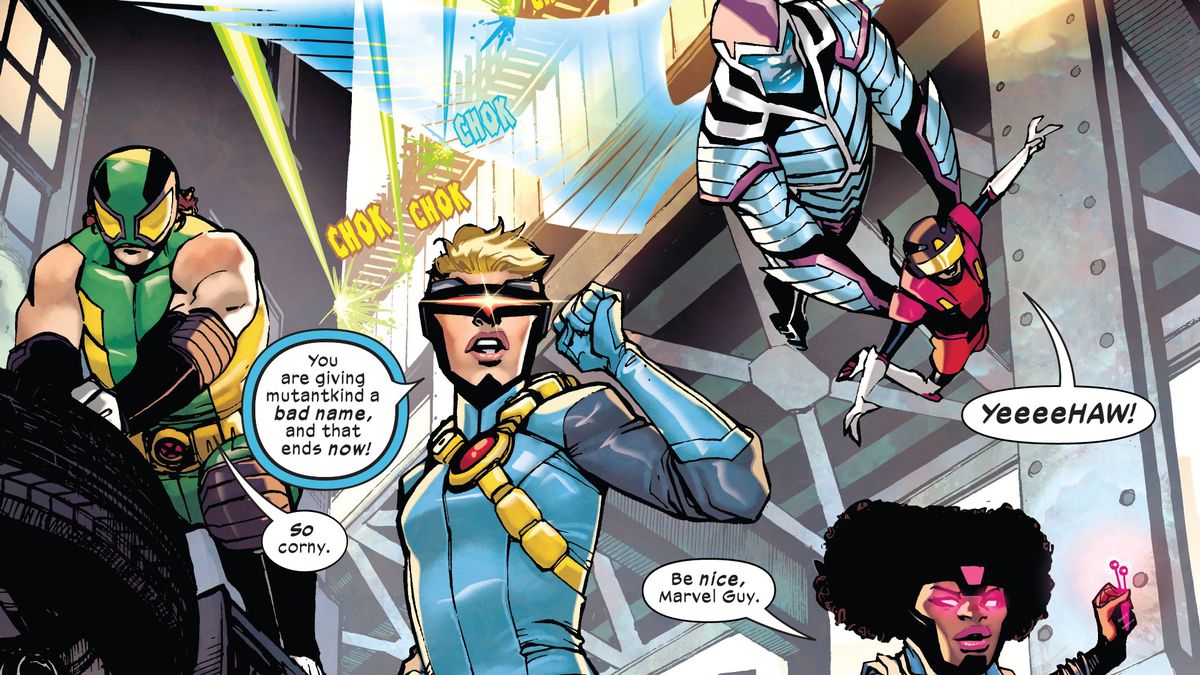 Marvel Guy, Cyclops-Lass, Cherub, Daycrawler, and Gimmick in The Children of the Atom #1, Marvel Comics (2021).
