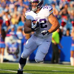 Aug 16, 2013; Orchard Park, NY, USA;  Minnesota Vikings running back Toby Gerhart (32) runs the ball during the first quarter against the Buffalo Bills at Ralph Wilson Stadium.  