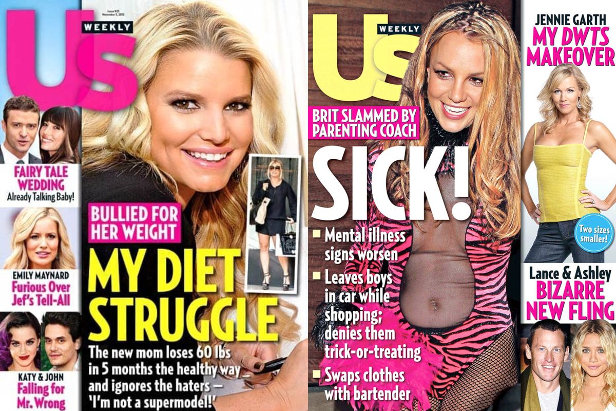 On the left, the caption reads, “BULLIED FOR HER WEIGHT: MY DIET STRUGGLE. The new mom loses 60 lbs in 5 months the healthy way and ignores the haters — ‘I’m not a supermodel!’” On the right, the caption reads, “BRIT SLAMMED BY PARENTING COACH: SICK! Mental illness signs worsen. Leaves boys in car while shopping; denies them trick-or-treating. Swaps clothes with bartender.”