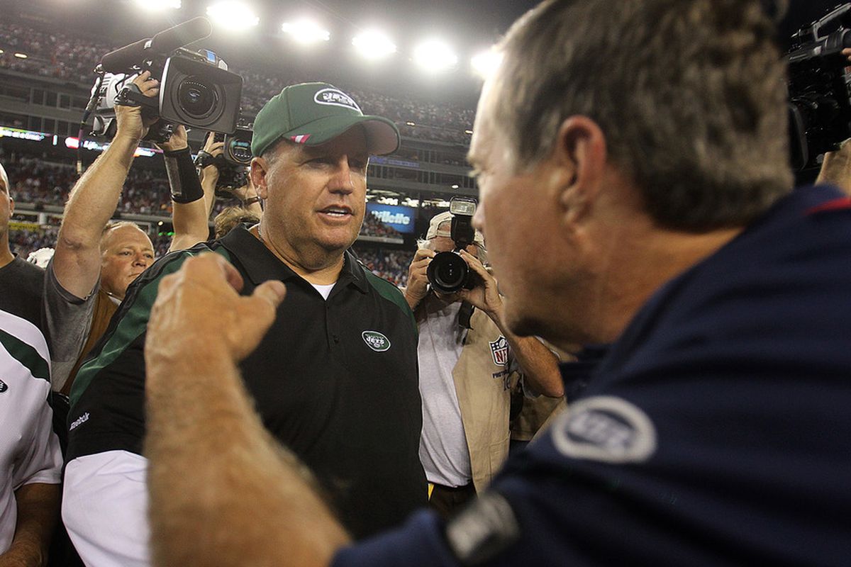 FOXBORO, MA - OCTOBER 9:  Bill Belichick of the New England Patriots shakes hands with Rex Ryan of the New York Jets at Gillette Stadium on October 9, 2011 in Foxboro, Massachusetts. (Photo by Jim Rogash/Getty Images)