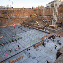 Crews prepare a steel mat for a concrete pour that will form the foundation of new floors for the new north addition of the Salt Lake Temple in Salt Lake City, Utah, on Dec. 6, 2021.