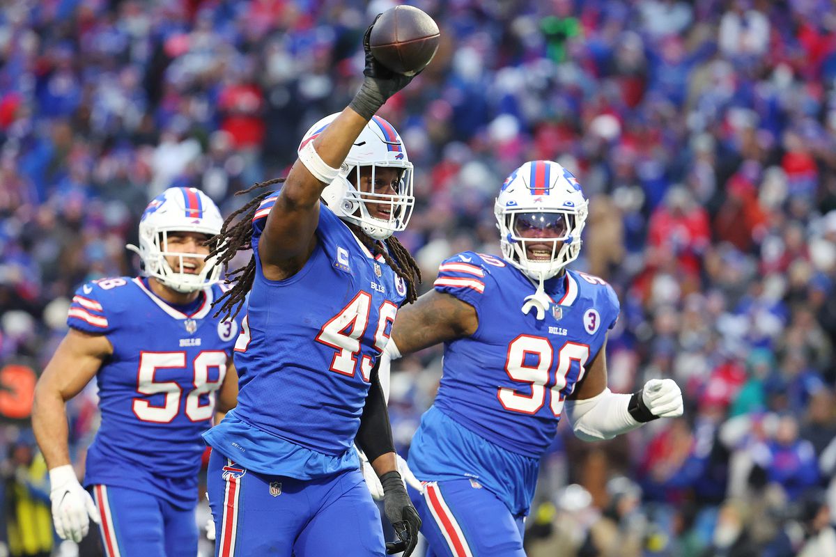 Tremaine Edmunds #49 of the Buffalo Bills celebrates after an interception during the fourth quarter against the New England Patriots at Highmark Stadium on January 08, 2023 in Orchard Park, New York.
