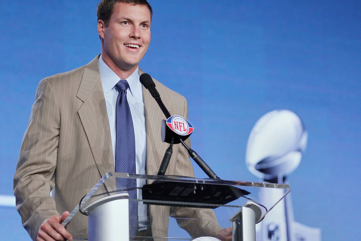 INDIANAPOLIS, IN:  Philip Rivers of the San Diego Chargers, a finalist for the Walter Payton NFL Man of the Year Award, addresses the media during a news conference in Indianapolis, Indiana.  (Photo by Rob Carr/Getty Images)